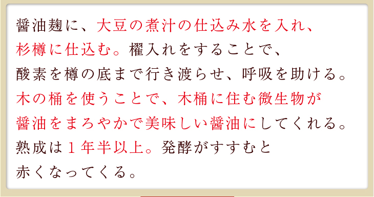 醤油麹に、大豆の煮汁の仕込み水を入れ、杉樽に仕込む。櫂入れをすることで、酸素を樽の底まで行き渡らせ、呼吸を助ける。木の桶を使うことで、木桶に住む微生物が醤油をまろやかで美味しい醤油にしてくれる。熟成は１年半以上。発酵がすすむと赤くなってくる。