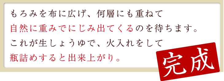 もろみを布に広げ、何層にも重ねて自然に重みでにじみ出てくるのを待ちます。これが生しょうゆで、火入れをして瓶詰めすると出来上がり。